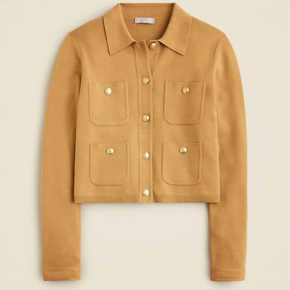 J. CREW Cropped Patch Pocket Lady Jacket Cardigan Sweater Honey Brown Large NWT - Picture 2 of 8
